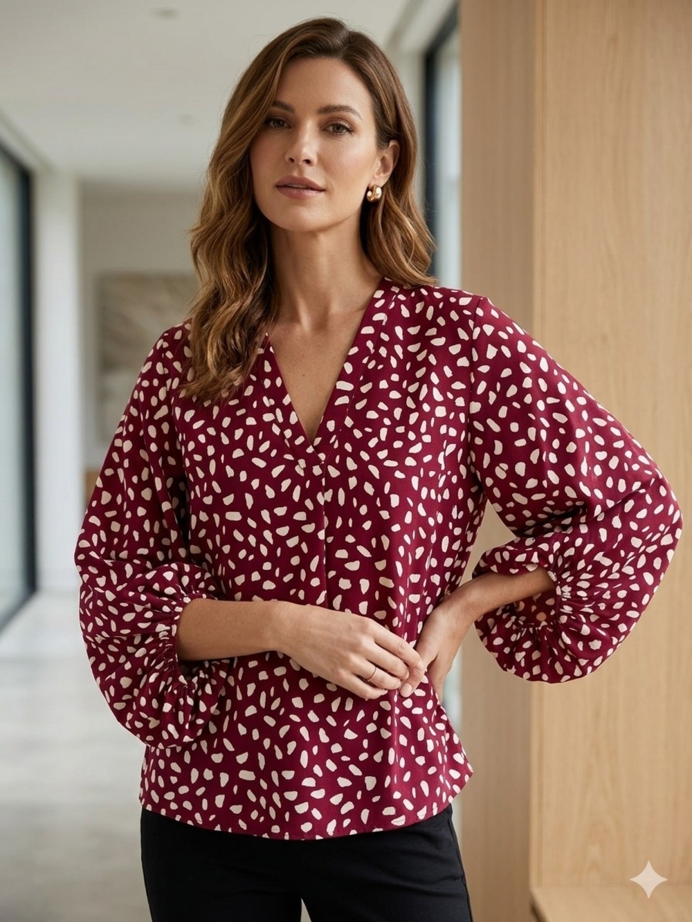 Entro Burgundy Spotted Balloon Sleeve Blouse Size M (Fits L)